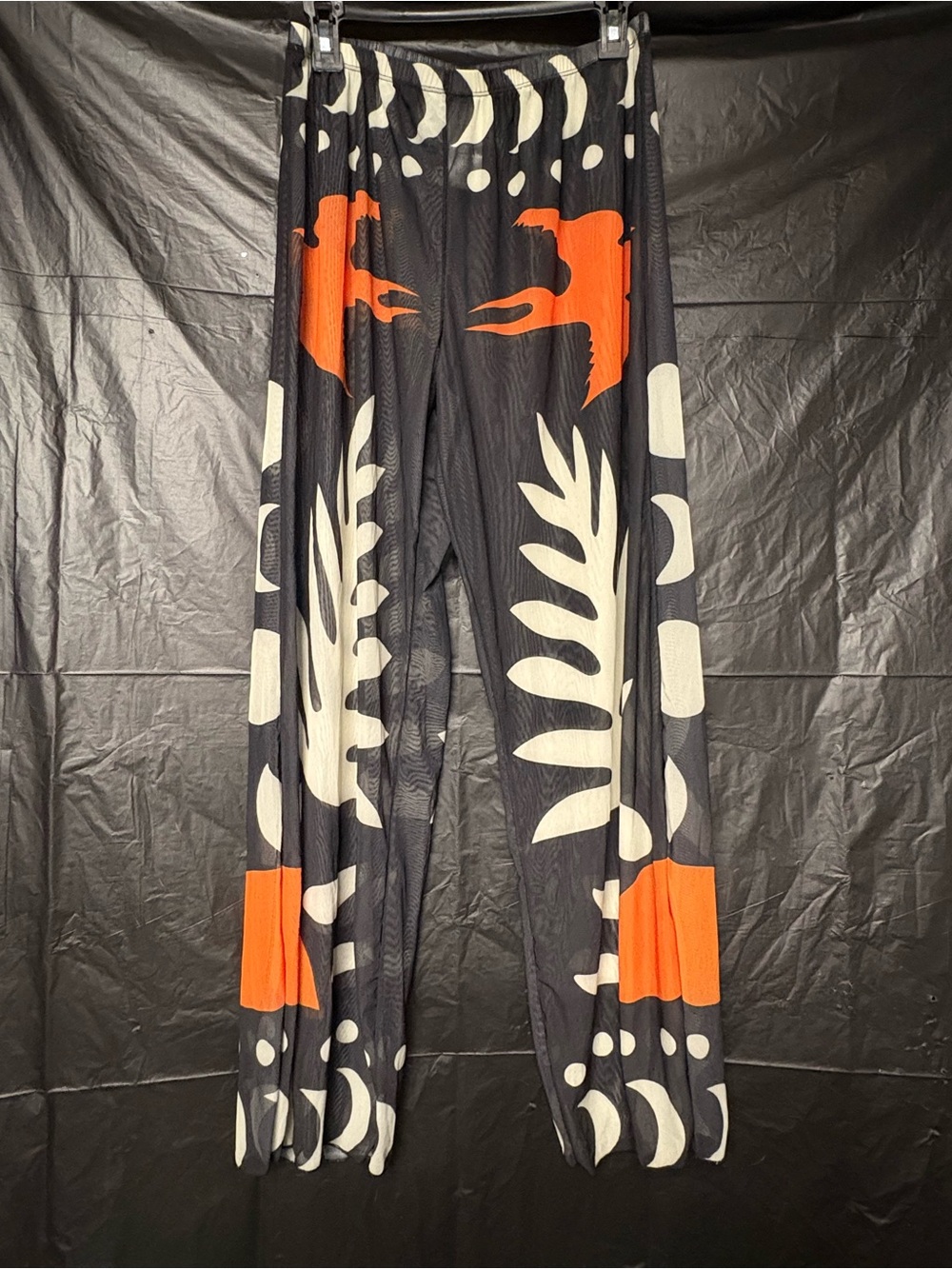 Sheer Black Wide-Leg women’s Pants with Orange & Cream Graphic Print